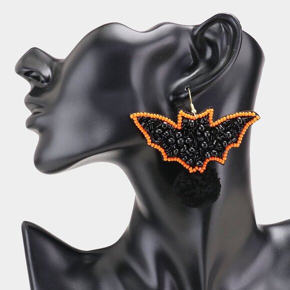 Black Bat Pom Pom Earrings - Picture 2 of 2